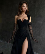 Elegant Long Black One Shoulder Sleeveless Lace Prom Dresses With Sit-stylesnuggle