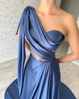 Elegant Long Blue One Shoulder Sleeveless Prom Dresses-stylesnuggle