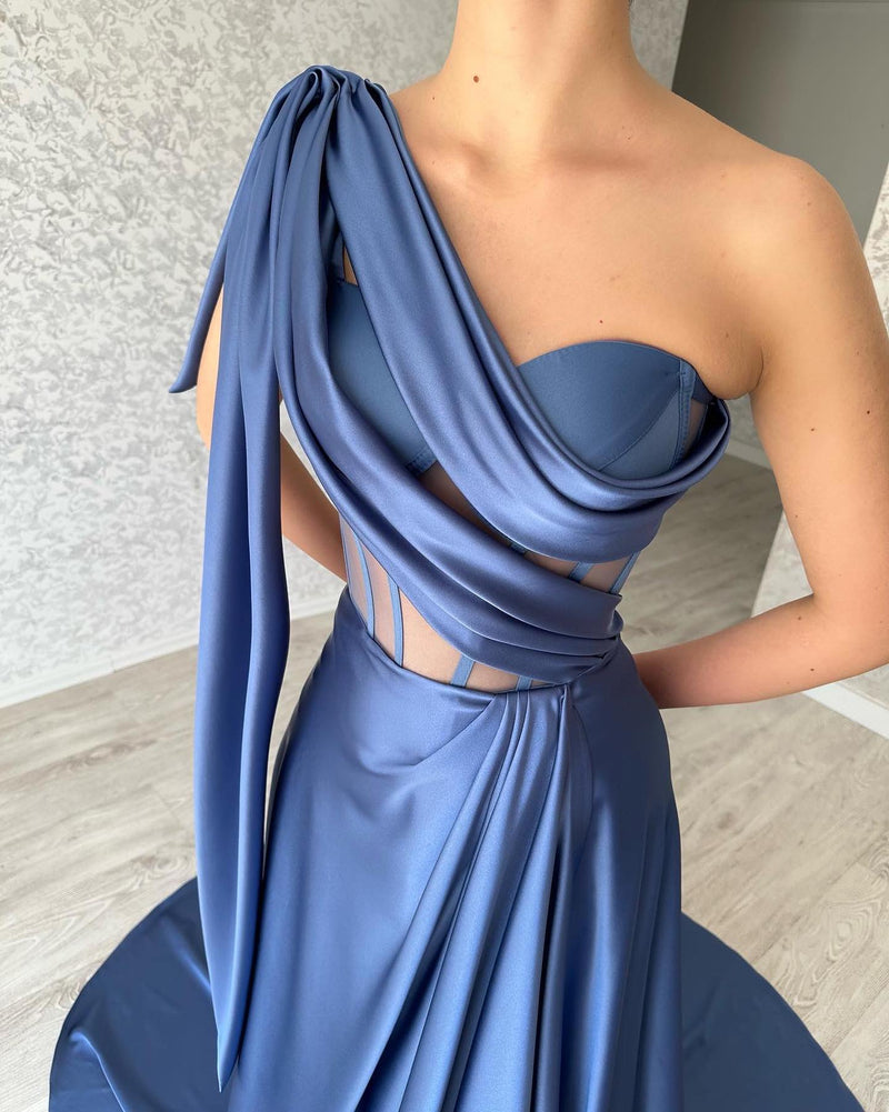 Elegant Long Blue One Shoulder Sleeveless Prom Dresses-stylesnuggle