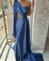 Elegant Long Blue One Shoulder Sleeveless Prom Dresses-stylesnuggle