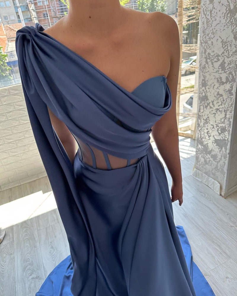 Elegant Long Blue One Shoulder Sleeveless Prom Dresses-stylesnuggle