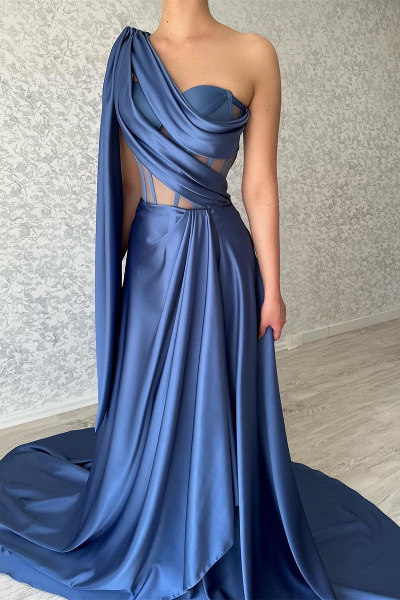 Elegant Long Blue One Shoulder Sleeveless Prom Dresses-stylesnuggle