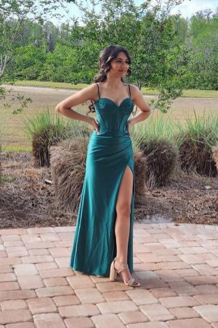 Elegant Long Dark Green Sleeveless Spaghetti Straps Prom Dresses With Split Online-stylesnuggle