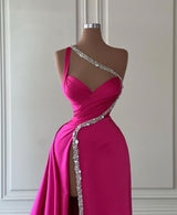 Elegant Long Fuchsia One Shoulder Jewels Sleeveless Prom Dresses Long Slit Online-stylesnuggle