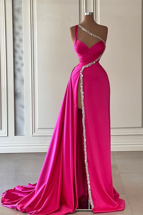 Elegant Long Fuchsia One Shoulder Jewels Sleeveless Prom Dresses Long Slit Online-stylesnuggle