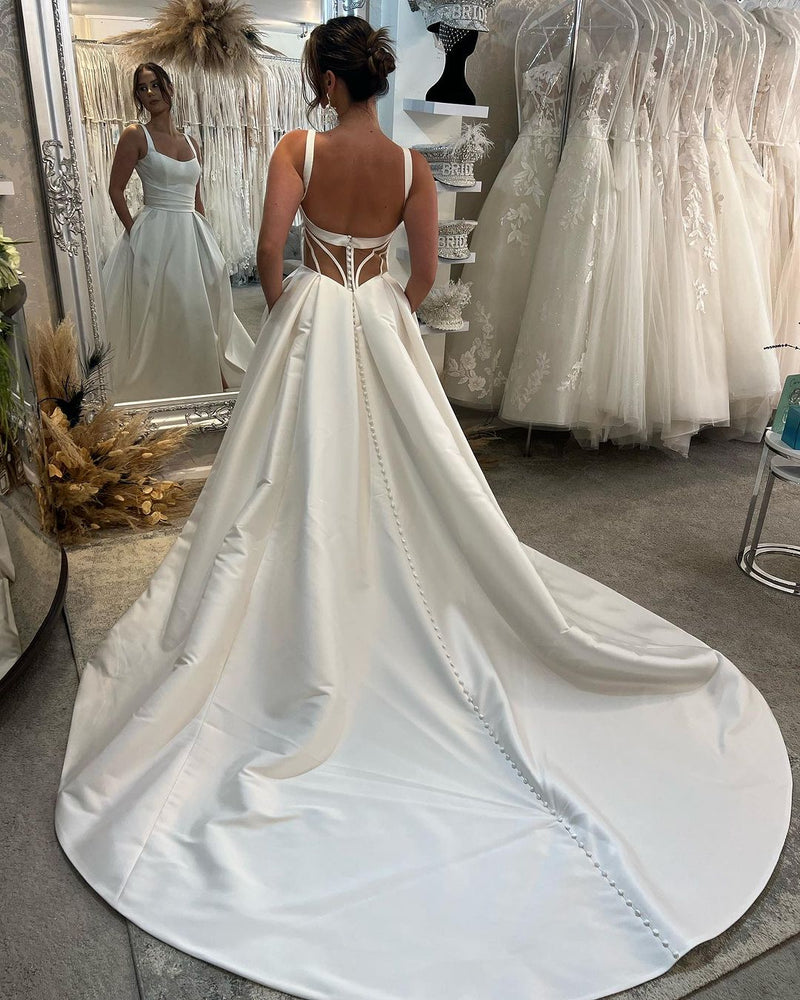 Elegant Long Ivory A-line Straps Satin Sleeveless Backless Wedding Dress With Slit