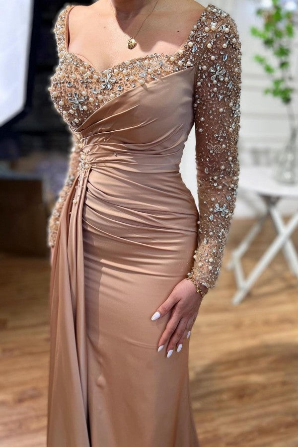 Elegant Long Mermaid Beading Prom Dresses With Long Sleeves-stylesnuggle