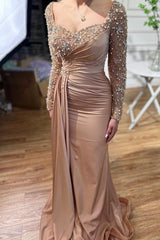 Elegant Long Mermaid Beading Prom Dresses With Long Sleeves-stylesnuggle