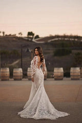 Elegant Long Mermaid Lace Wedding Dresses With Long Sleeves-stylesnuggle