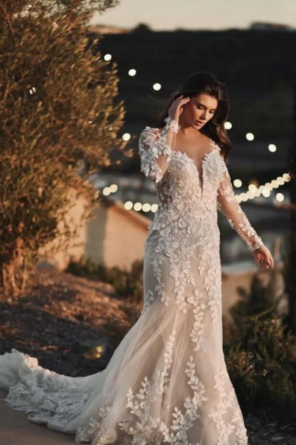 Elegant Long Mermaid Lace Wedding Dresses With Long Sleeves-stylesnuggle