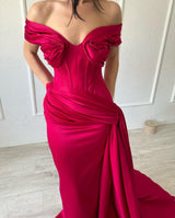 Elegant Long Mermaid Off-the-shoulder Sleeveless V-neck Satin Fuchsia Prom Dress