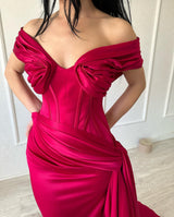 Elegant Long Mermaid Off-the-shoulder Sleeveless V-neck Satin Fuchsia Prom Dress