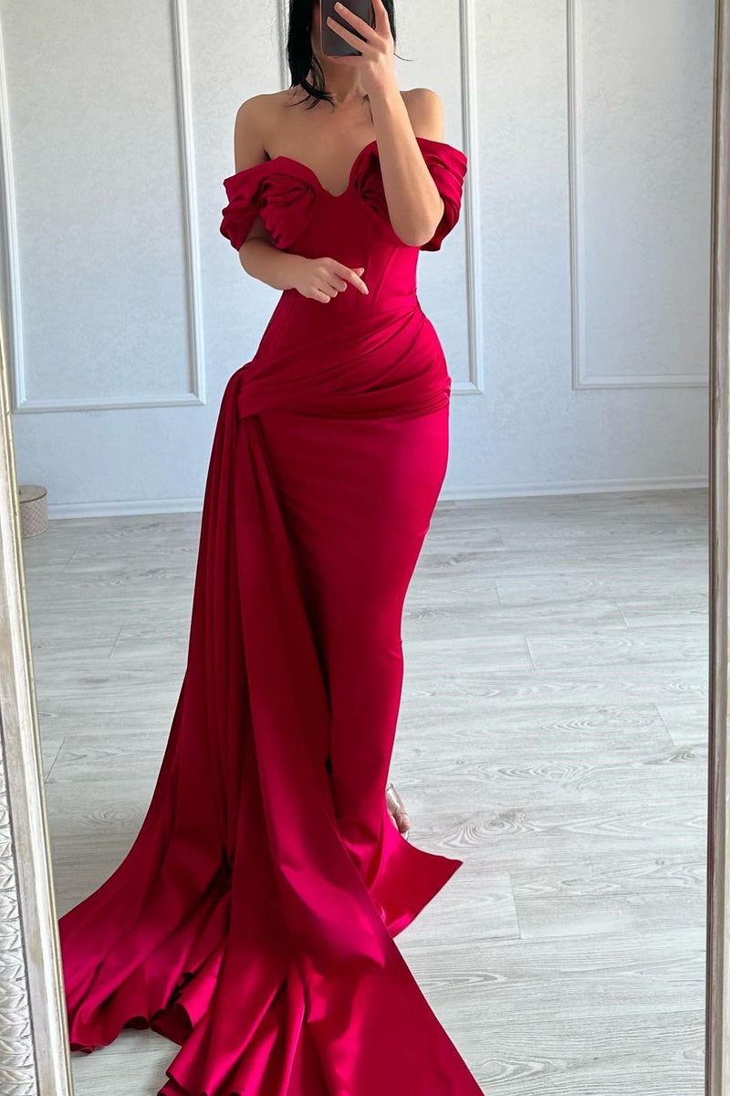 Elegant Long Mermaid Off-the-shoulder Sleeveless V-neck Satin Fuchsia Prom Dress