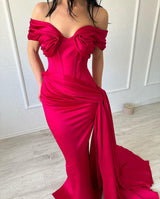 Elegant Long Mermaid Off-the-shoulder Sleeveless V-neck Satin Fuchsia Prom Dress