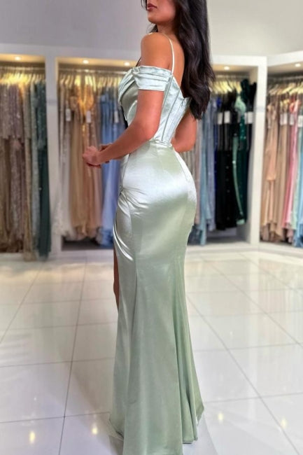 Elegant Long Mermaid Simple Spaghetti Straps Off-the-shoulder Satin Prom Dress With Slit