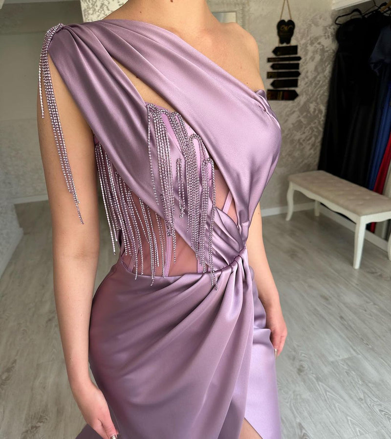 Elegant Long Purple One Shoulder Beading Sleeveless Prom Dresses Long Slit Online-stylesnuggle