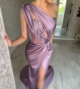 Elegant Long Purple One Shoulder Beading Sleeveless Prom Dresses Long Slit Online-stylesnuggle