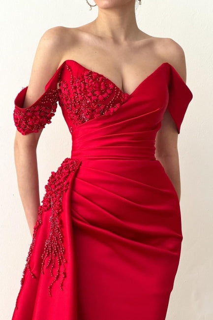 Elegant Long Red Mermaid Off-the-Shoulder Lace Prom Dresses-stylesnuggle