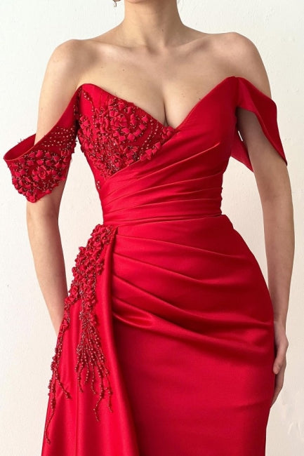 Elegant Long Red Mermaid Off-the-Shoulder Lace Prom Dresses-stylesnuggle