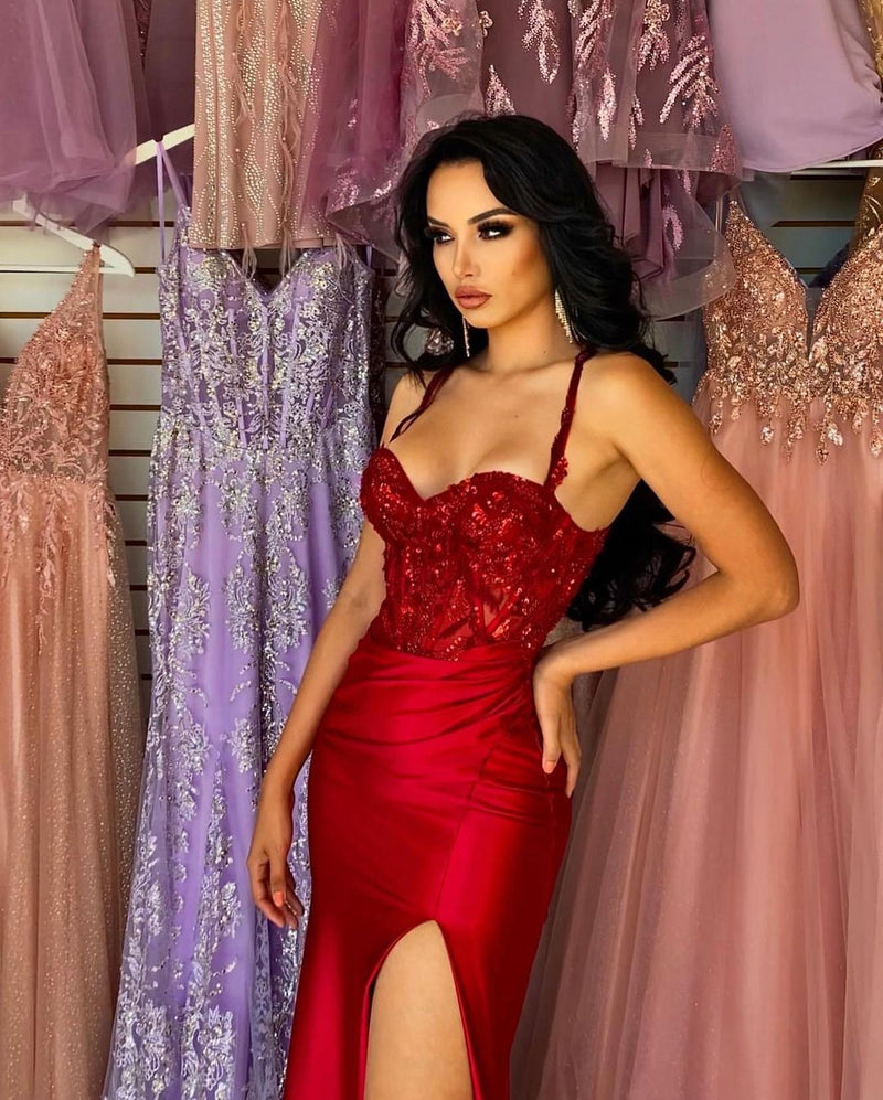 Elegant Long Red Spaghetti Straps Sequins Lace Sleeveless Prom Dresses Long Slit Online-stylesnuggle