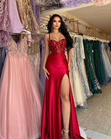 Elegant Long Red Spaghetti Straps Sequins Lace Sleeveless Prom Dresses Long Slit Online-stylesnuggle