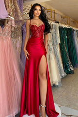 Elegant Long Red Spaghetti Straps Sequins Lace Sleeveless Prom Dresses Long Slit Online-stylesnuggle