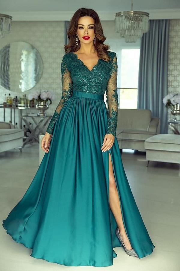 Elegant Long Sleeve Prom Dress Lace Appliques Evening Gowns With Split-stylesnuggle