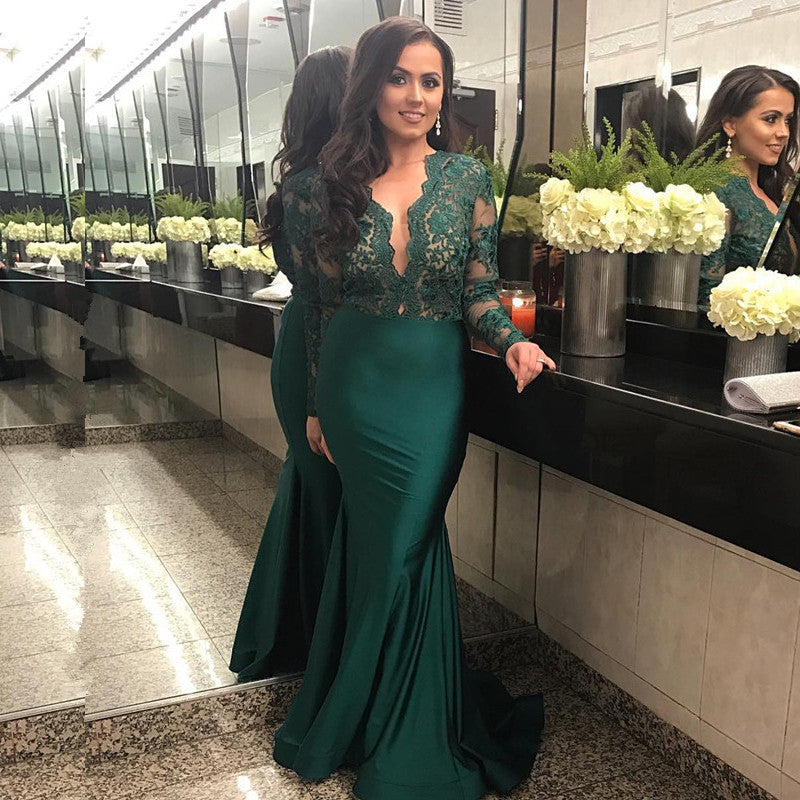 stylesnuggle custom made elegant Long Sleeves green lace mermaid prom dress,  New Arrival evening dress,  formal dress on sale. We sell dresses On Sale all over the world. Also,  extra discount are offered to our customers. We will try our best to satisfy everyone and make the dress fit you well.