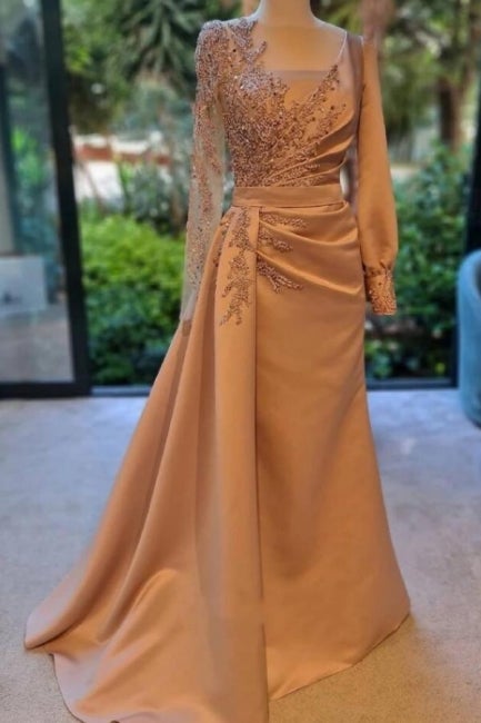 Elegant Long Sleeves Prom Dress Floral Evening Party Dress with Side Sweep Train-stylesnuggle