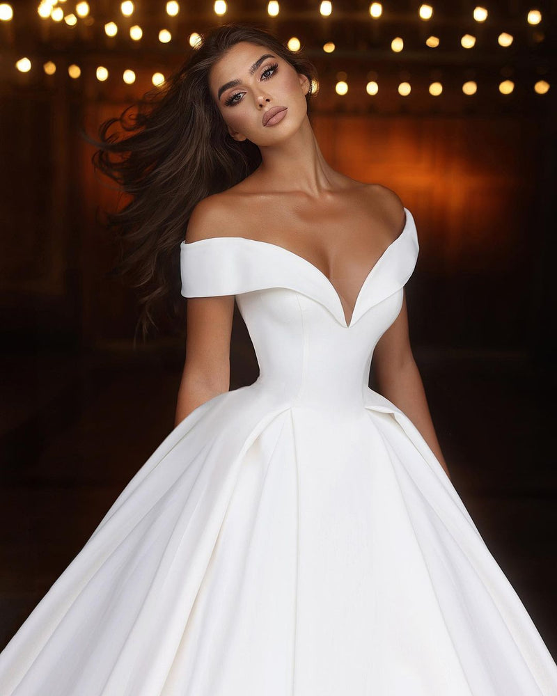 Elegant Long White A-line Off-the-shoulder V-neck Satin Wedding Dress