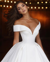 Elegant Long White A-line Off-the-shoulder V-neck Satin Wedding Dress