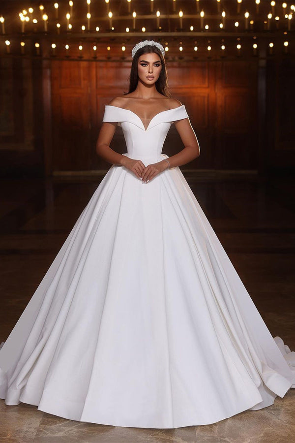 Elegant Long White A-line Off-the-shoulder V-neck Satin Wedding Dress