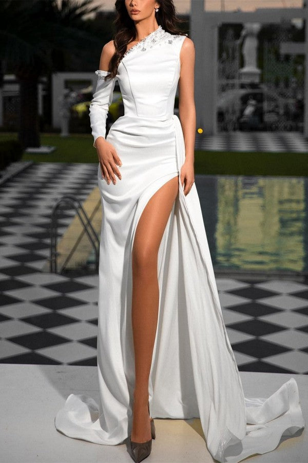 Elegant Long White One Shoulder Sequins Prom Dresses Long Slit Online-stylesnuggle