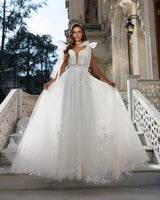 Elegant Long White V-neck Sleeveless Wedding Dress With Lace-stylesnuggle