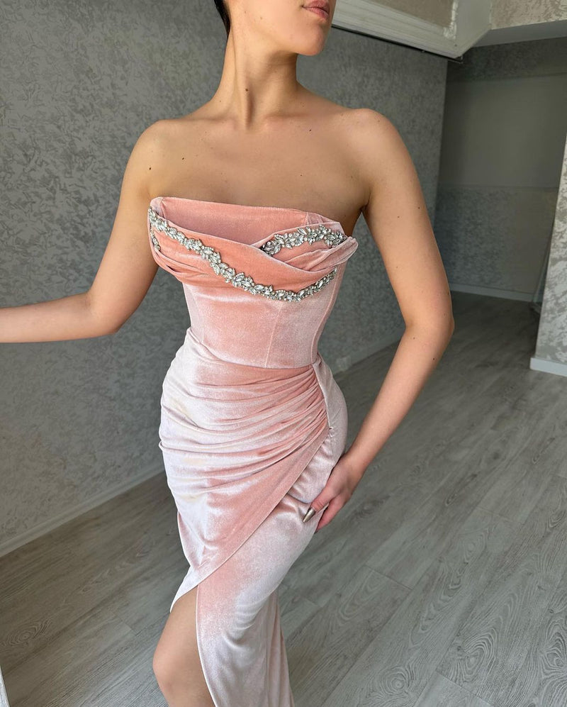 Elegant Mermaid Classic Sleeveless Crystal Prom Dresses Long Slit Online-stylesnuggle