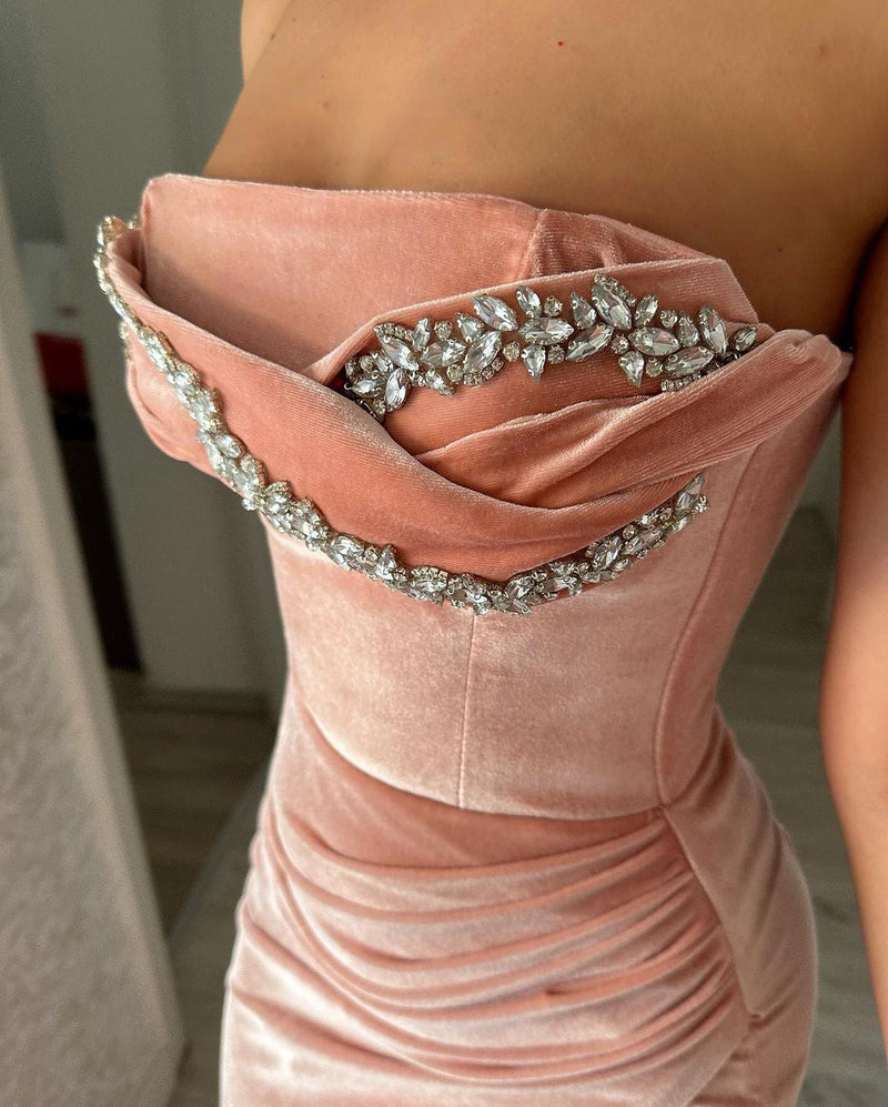 Elegant Mermaid Classic Sleeveless Crystal Prom Dresses Long Slit Online-stylesnuggle