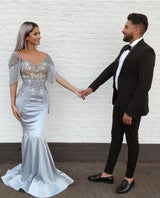 Elegant Mermaid Sky Blue Evening Gowns V-Neck Prom Dresses with Tassels. Free shipping,  high quality,  fast delivery,  made to order dress. Discount price. Affordable price. stylesnuggle