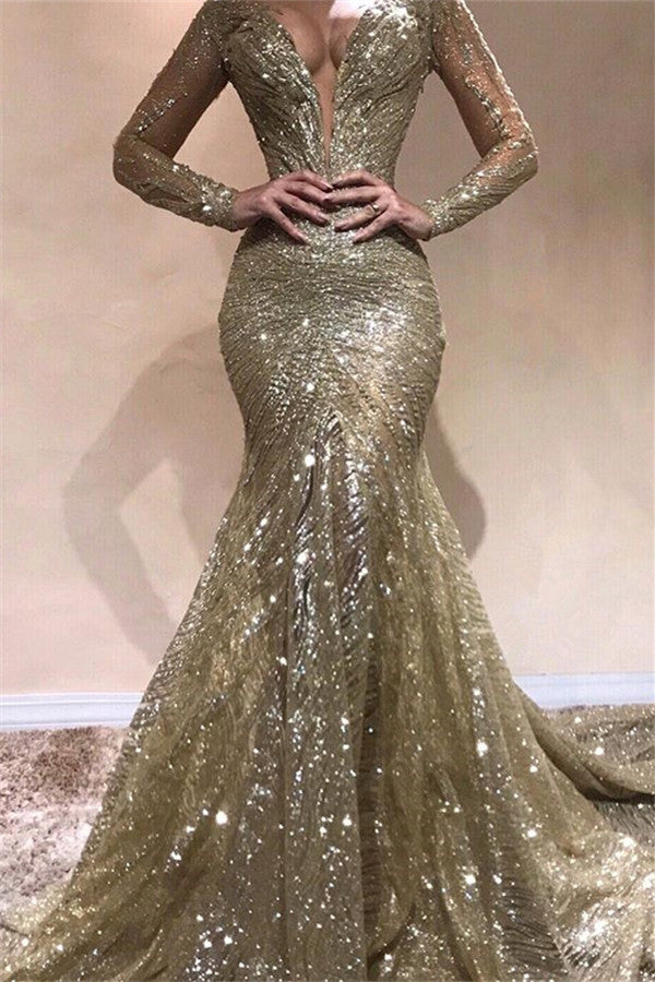 Still not know where to get your dresses for prom online? stylesnuggle offer you new arrival Elegant Mermaid V-Neck Long Sleevess Sequins Prom Dresses at factory price,  fast delivery worldwide.