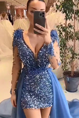 Elegant Mini V-Neck Long Sleeveless Sheath Sequins Prom Dresses-stylesnuggle