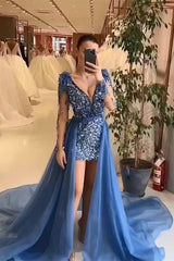 Elegant Mini V-Neck Long Sleeveless Sheath Sequins Prom Dresses-stylesnuggle