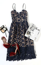 stylesnuggle offers Elegant Navy Blue Lace Ankle-length Homecoming Dress at a cheap price from Lace to A-line Tea-length hem. Gorgeous yet affordable  Prom Dresses