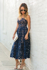 stylesnuggle offers Elegant Navy Blue Lace Ankle-length Homecoming Dress at a cheap price from Lace to A-line Tea-length hem. Gorgeous yet affordable  Prom Dresses