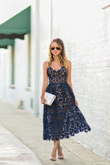 stylesnuggle offers Elegant Navy Blue Lace Ankle-length Homecoming Dress at a cheap price from Lace to A-line Tea-length hem. Gorgeous yet affordable  Prom Dresses