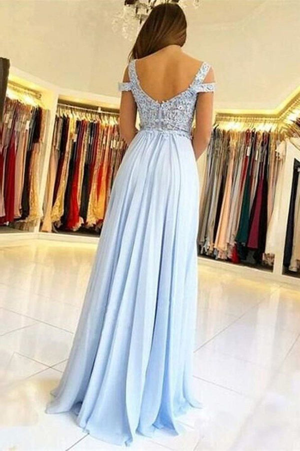 Wanna Prom Dresses, Evening Dresses in 100D Chiffon,  A-line style,  and delicate Lace, Appliques, Split Front work? stylesnuggle has all covered on this elegant Elegant Off-the-shoulder Low Back Prom dresses with Chic High Split Ligh Sky blue Evening Gowns with Lace appliques yet cheap price.