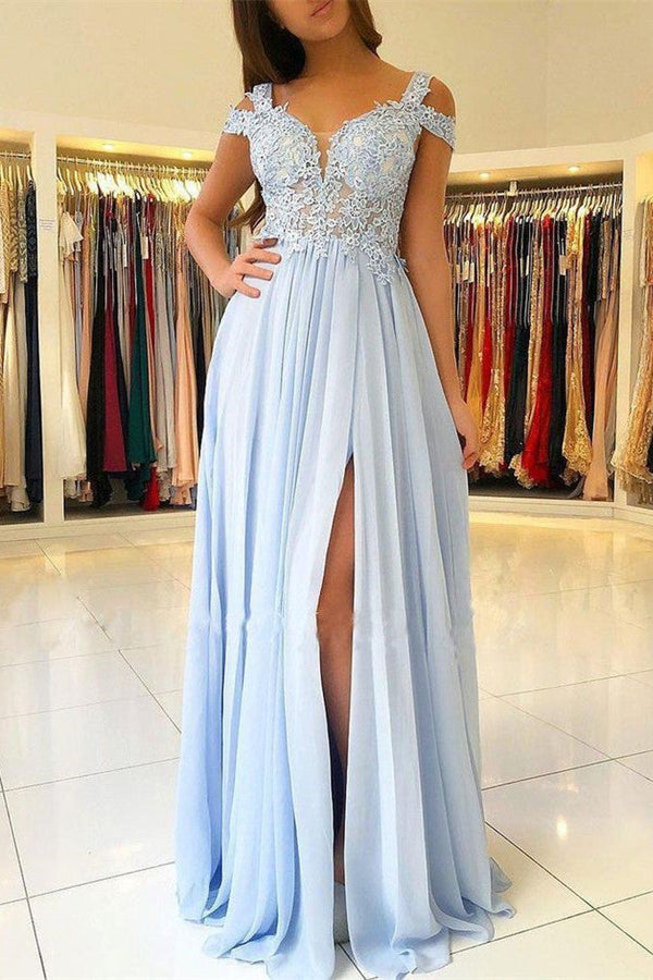 Wanna Prom Dresses, Evening Dresses in 100D Chiffon,  A-line style,  and delicate Lace, Appliques, Split Front work? stylesnuggle has all covered on this elegant Elegant Off-the-shoulder Low Back Prom dresses with Chic High Split Ligh Sky blue Evening Gowns with Lace appliques yet cheap price.