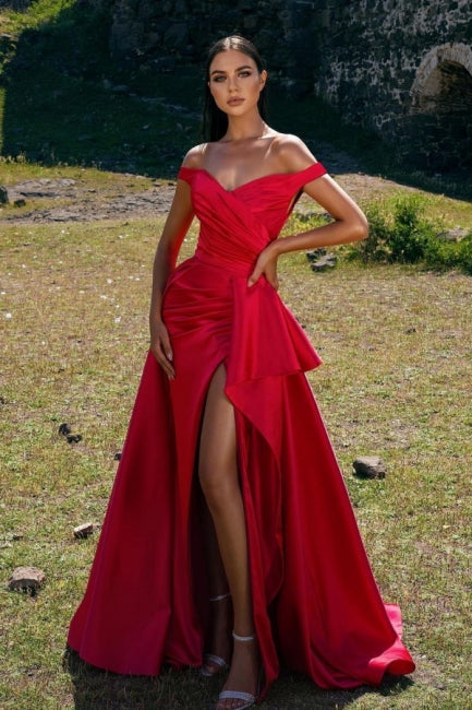 Elegant Off-the-Shoulder Red Prom Dress Long With Slit-stylesnuggle