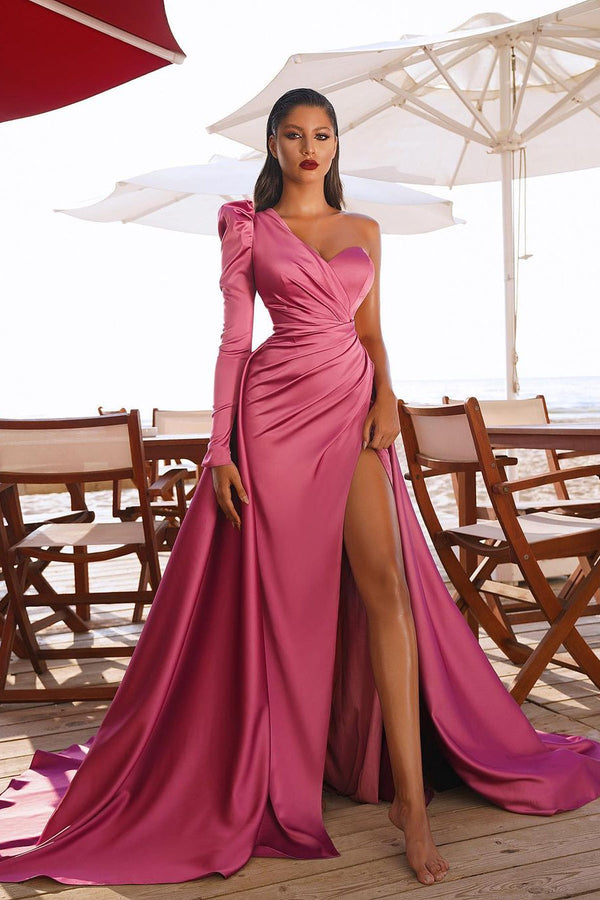 Elegant One Shoulder Long Sleeve Prom Dress With Slit-stylesnuggle