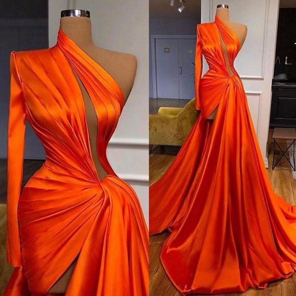 Elegant One Shoulder Long Sleeves Prom Dress With Split Front-stylesnuggle