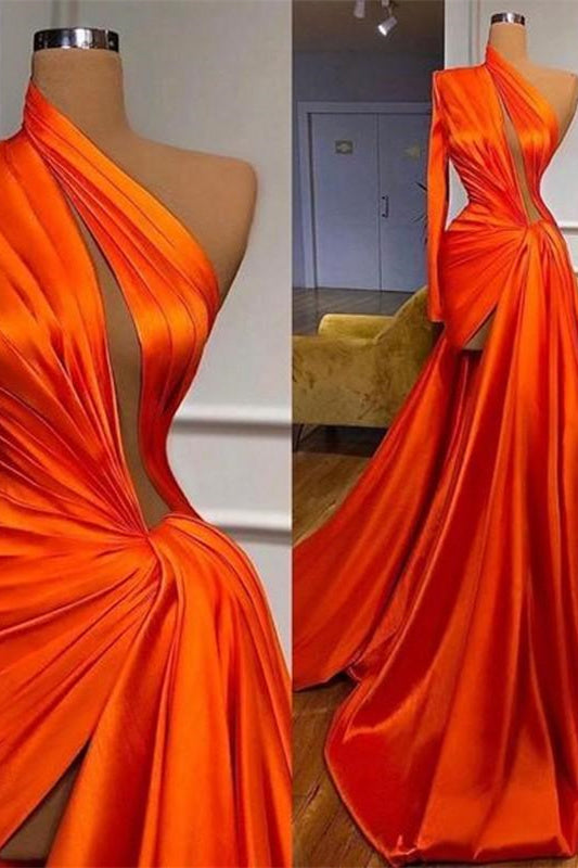 Elegant One Shoulder Long Sleeves Prom Dress With Split Front-stylesnuggle