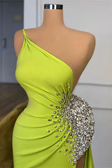 Elegant One Shoulder Mermaid Long Evening Dress With Beads Slit-stylesnuggle